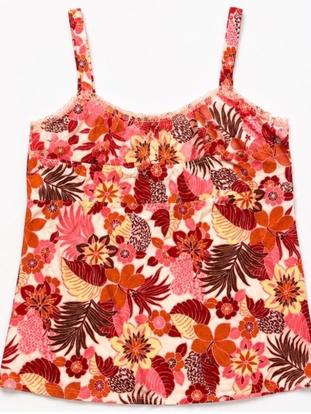 [Only Hearts] Floral Print Camisole Tank Top Pink Orange Lace Trim Sz S